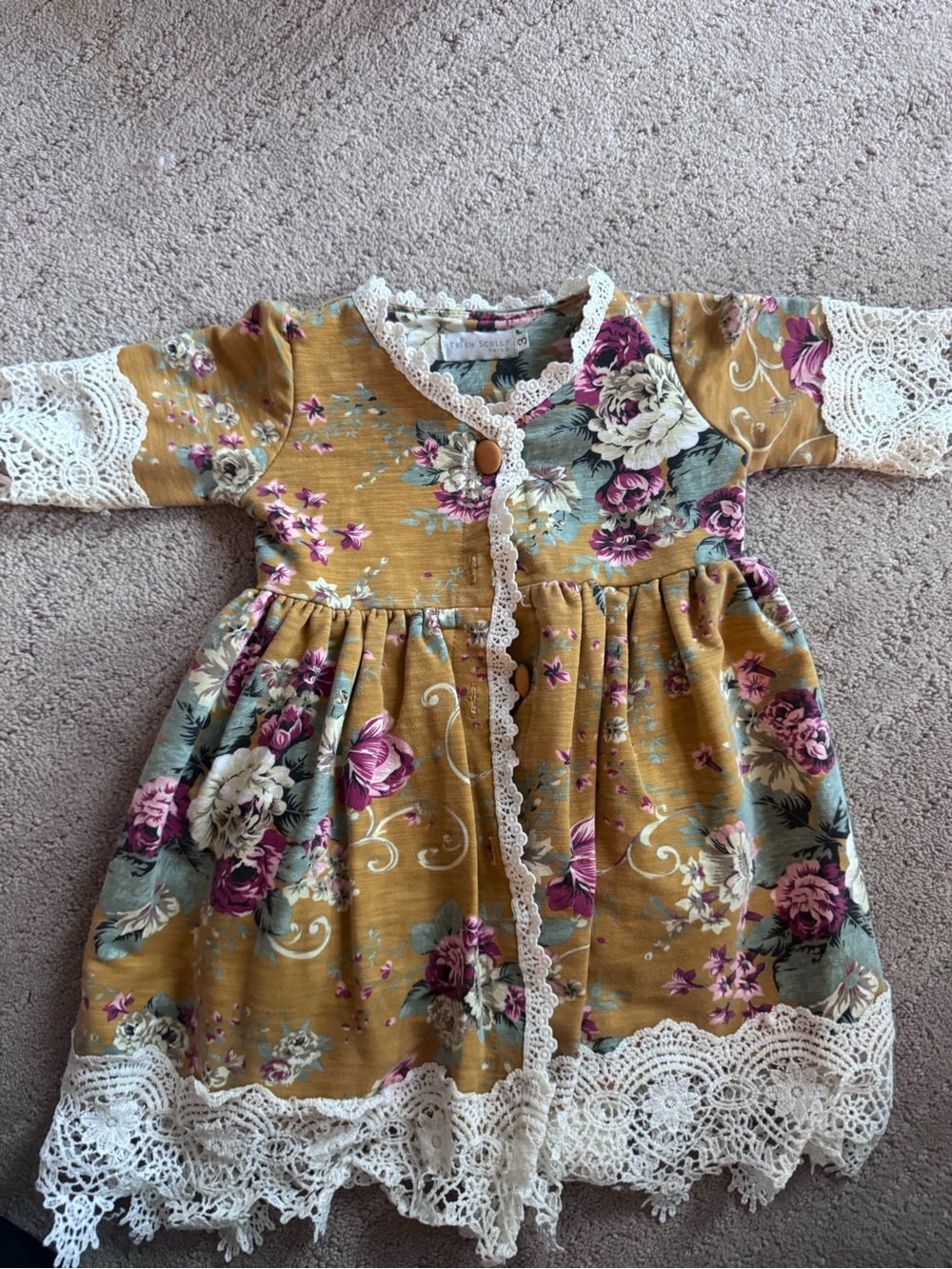 Mustard Floral Lace-Trim Girls' Dress with Crochet Details